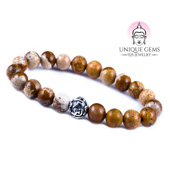 Gemme uniche Chakra Buddha Bracciale con perline di diaspro Bracciale in argento sterling 925 Mantra con perline in argento da 8 mm - Italia