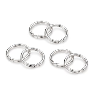Op de afbeelding: Een verzameling van zes cirkelvormige, zilverkleurige metalen splitringen gerangschikt in drie paren. Elke ring heeft een ontwerp met een dubbele lus en een gladde, gepolijste afwerking, bedoeld voor het bevestigen van sleutels.