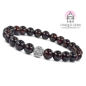 Unique Gems Mantra Bracelet de perles de grenat rouge 8 mm Bracelet de protection de perles en argent sterling 925 Bracelet énergétique