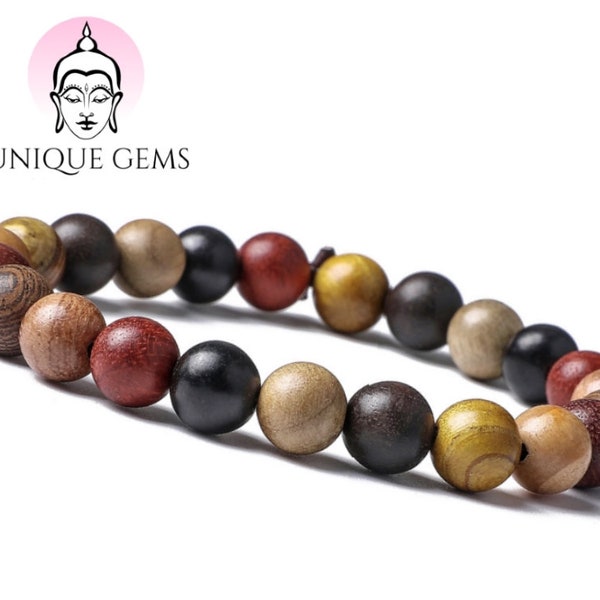 Unique Gems Chakra Bouddha bracelet en perles de bois précieux 8mm bracelet énergétique extensible unisexe qualité bijoutier 16cm à 19cm