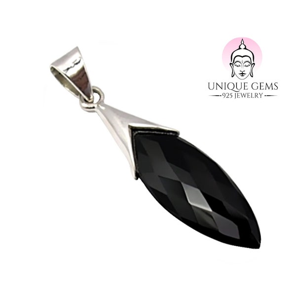 Unique Gems Pendentif chaîne Art Nouveau exclusif en forme de larme d'onyx noir serti sur argent sterling 925 8,6 carats