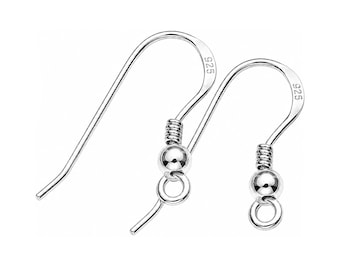 May include: A pair of silver-colored earring hooks featuring a curved wire design, a small decorative bead, and a circular loop at the base for attachment. Each hook is clearly stamped with the text 925, indicating the metal composition.
