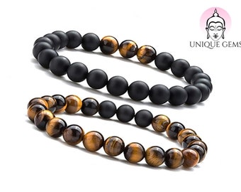 Unique Gems Bracelet Duo Chakra pour Femme avec Pierres de guérison Oeil de Tigre Perles d'abrazine 8 mm Extensible 15 cm - 18 cm