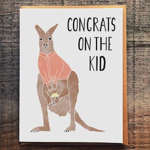 Funny Kangaroo Baby Card – New Parent Congrats Card – Animal Pun Baby Shower Card – Cute Joey in Pouch – Congrats on the Kid Card