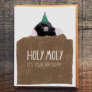 May include: A birthday card featuring a cartoon mole wearing a party hat peeking out of a hole in the ground. The card reads "Holy Moly It's Your Birthday".