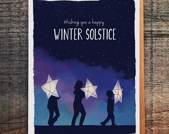 May include: A greeting card with a dark blue night sky background with white stars. The card says "Wishing you a happy Winter Solstice". Three silhouettes of people are walking, each carrying a white star lantern.
