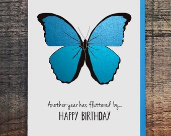 Butterfly Birthday Card, Metallic Blue Ink, Elegant Nature Design