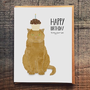Funny Cat Birthday Card – Happy Birthday to My Purr-son – Punny Feline Greeting Card – Cute Cupcake Hat Cat – Eco-Friendly Card