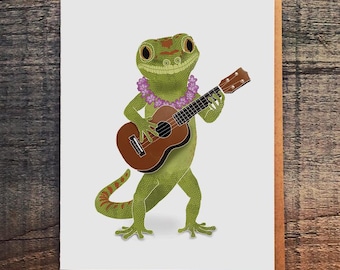 Gecko Ukulele Greeting Card – Funny Lizard Music Lover Card, Tropical Birthday or Everyday Note, Blank Inside Animal Pun Card