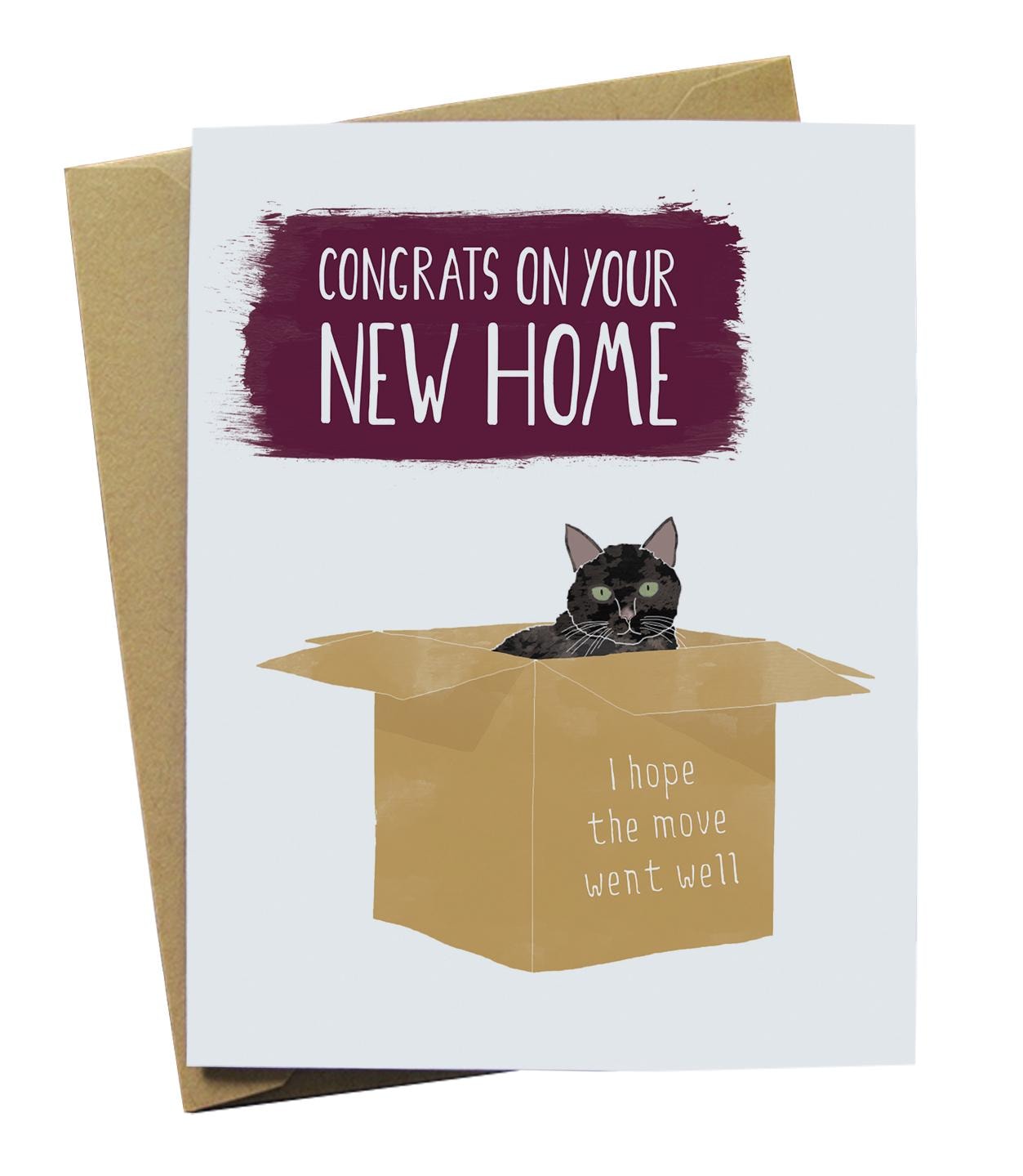 New Home Card: Cat in Box, Moving Congratulations Ireland
