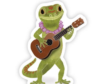 Gecko Ukulele Sticker, Cute Lizard Vinyl Sticker, Tropical Decal for Water Bottle Laptop, Music Lover Gift, Hawaiian theme sticker