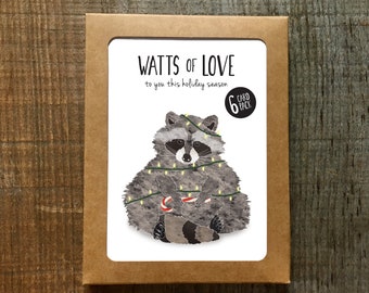 Funny Christmas Cards - Boxed Set of 6 - Raccoon Wrapped in Lights Card
