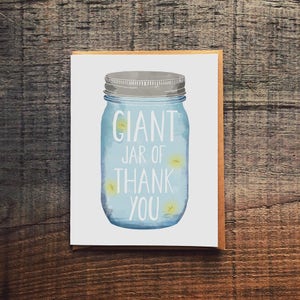 Giant Jar of Thank You - Mason Jar, Fireflies - Thank You Card - summery card - illustrated thank you card - firefly thank you card