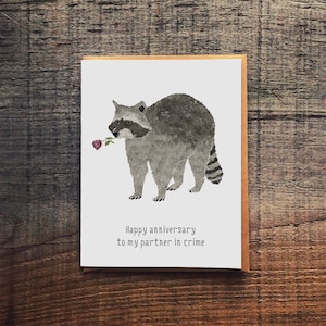 Happy Anniversary To My Partner In Crime, Raccoon card, animal pun anniversary card for boyfriend