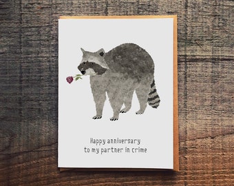 Happy Anniversary To My Partner In Crime, Raccoon card, animal pun anniversary card for boyfriend