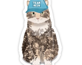 Team Meow Cat Sticker, Funny Cat Lover Vinyl Sticker, Waterproof Cat Decal for Water Bottle Laptop, Cute Tabby Cat Gift