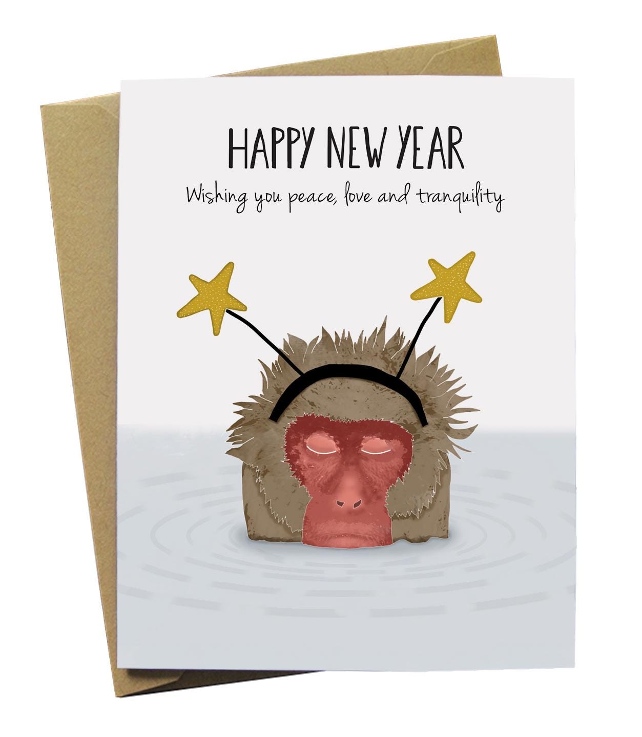 Happy New Year Card Set: Monkey Illustration, Kraft Envelopes - Etsy