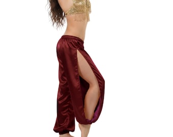 Pantaloni harem in raso con taglio laterale - Pantaloni per danza del ventre taglie forti dalla S alla 5XL - Pantaloni fluidi da genio - 41 colori disponibili! S18