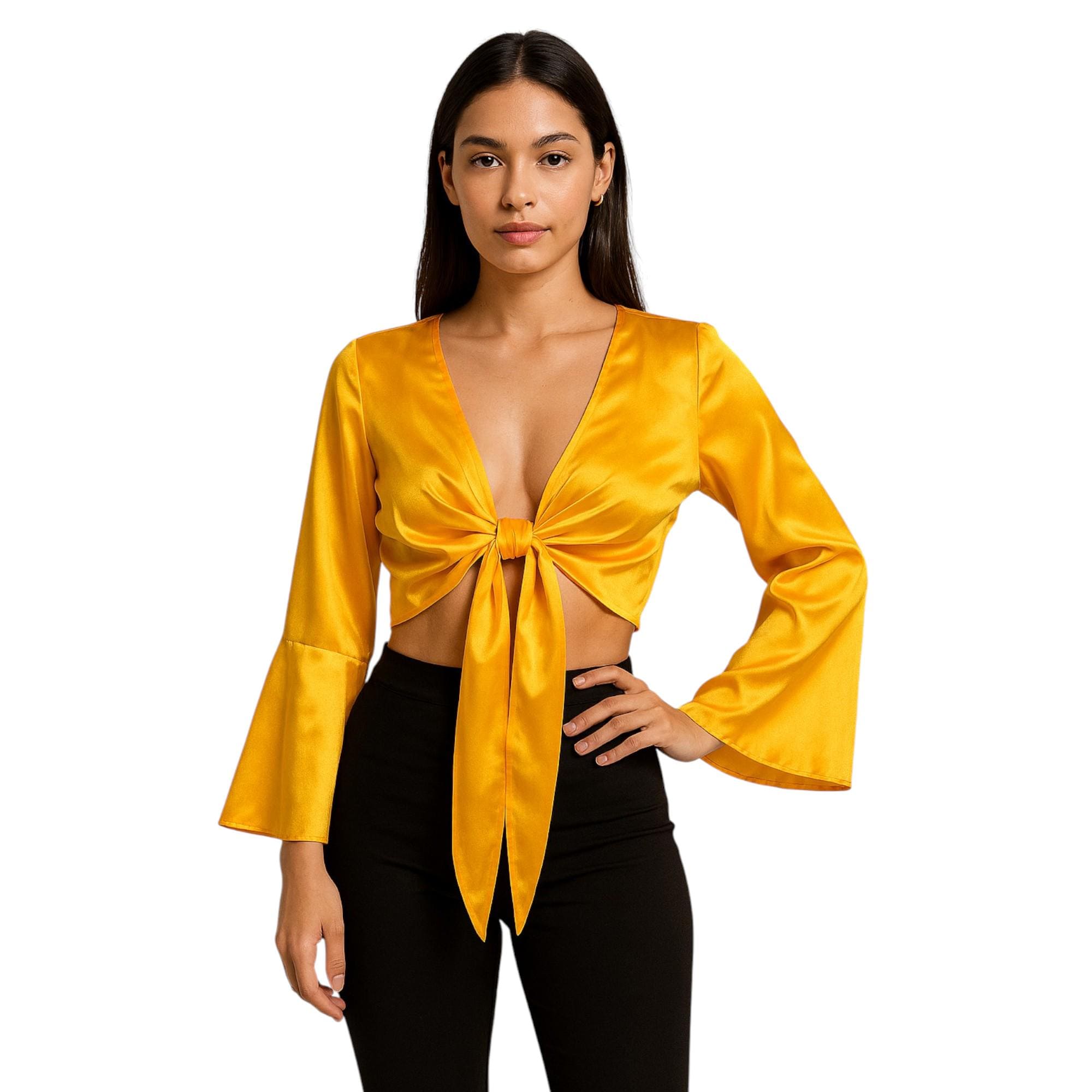 Satin Ruffle Belly Dance Top - Tribal Full Flair Sleeve Blouse - Dramatic Cabaret Performance Costume Crop Top S126