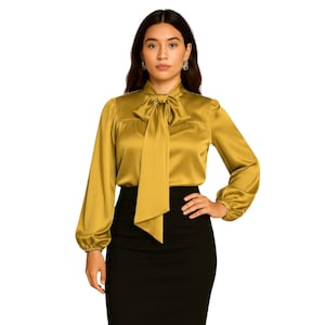 Topp med satinringning och rosett - Långärmad blus med knytringning - Festskjorta för tjejer och elegant topp för kontoret/formellt bruk S120