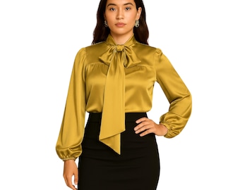 Blusa de satén con lazo en el cuello - Blusa de manga larga con lazo - Camisa de fiesta para niñas y blusa elegante para oficina/formal para mujeres S120