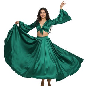 Conjunto de falda de satén para danza del vientre y top con volantes para mujer, falda y top con estampado liso, talla S76