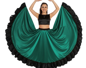 16 Yard Satin Belly Dance Skirt with Black Frill Trim - S to 5XL Plus Size - High Volume Tribal Fusion Performance Skirt - 41 Colors! S58
