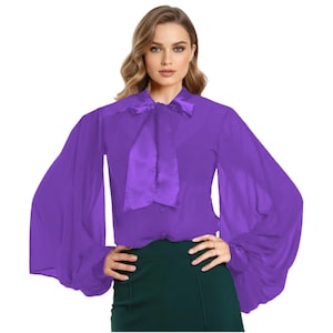 Chiffon button-down overhemdblouse met strik | Overhemd in vintagestijl | Formele, retro en chic gelaagde top C47