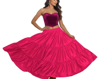Falda de satén de 8 yardas con vuelo completo / Maxi de danza del vientre de fusión tribal de 3 niveles / Traje de escenario de gran volumen S3