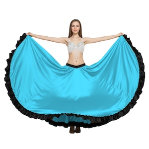 Black Satin 16 Yard Belly Dance Skirt - Tribal Flamenco Frill Hem Skirt - Full Volume Stage Performance Wear S61