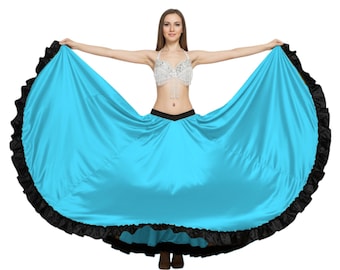 Black Satin 16 Yard Belly Dance Skirt - Tribal Flamenco Frill Hem Skirt - Full Volume Stage Performance Wear S61