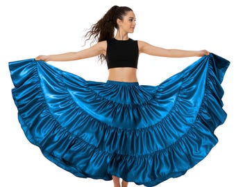 25 Yard 4 Tier Satin Skirt | 4-Tier Full Volume Tribal Fusion Belly Dance Maxi | Dramatic Stage Costume  Belly Dancing Skirt S20
