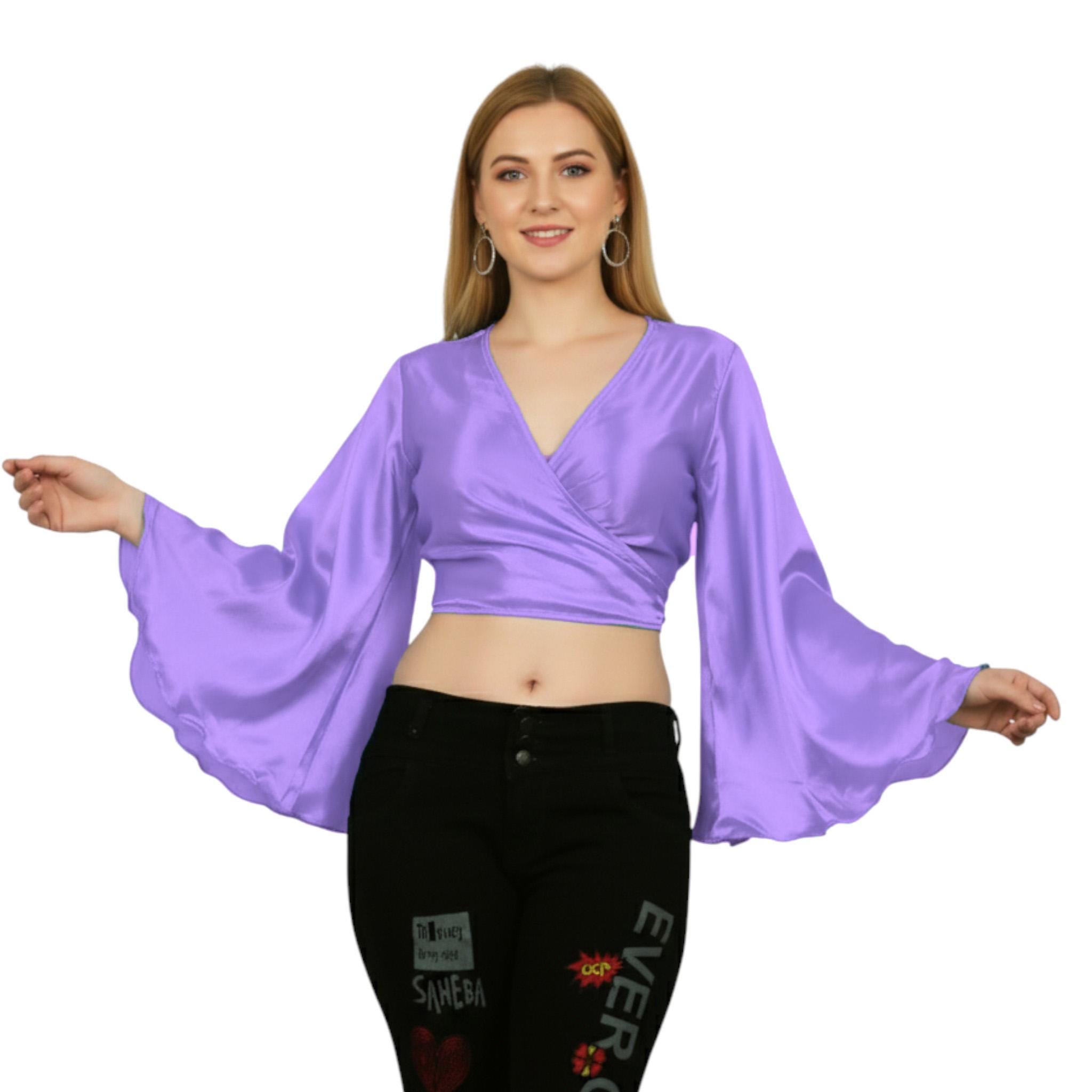 Satin Ruffle Belly Dance Top - Tribal Flair Sleeve Blouse - Elegant Cabaret Performance Crop Top S122