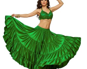 25 Yard 4 Tier Satin Skirt | 4-Tier Full Volume Tribal Fusion Belly Dance Maxi | Dramatic Stage Costume  Belly Dancing Skirt S4