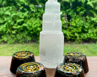 Set of 4 Orgonite EMF Shield Room Grid Pucks  |  Orgone Generator Tower Busters with Elite Shungite C60 Fullerene and Black Tourmaline