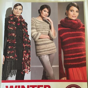 Oryginalny wzór na robótkę na drutach - Moda zimowa - 2 swetry i 1 szalik - XS / S / M - Damski gruby wzór na robótkę na drutach. Oryginalna ulotka