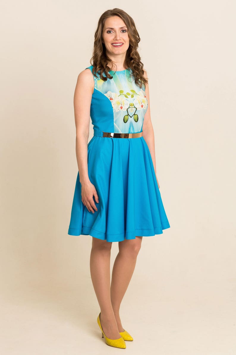 sky blue fit and flare dress