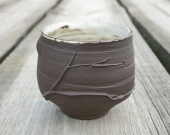 Wabi Sabi Tea Bowl. Black Tea Bowl “Early Spring". Drinking Tumbler. Decorated Pottery. Studio Pottery. Japanese Branch Tea Bowl.