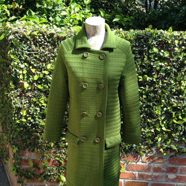 I Magnin Green Double Breasted Sweater Knit Coat With Flap Pockets Women's Size Small