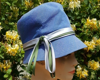 1940s Blue Cloche Hat with Satin Ribbon, Vintage Bucket Hat