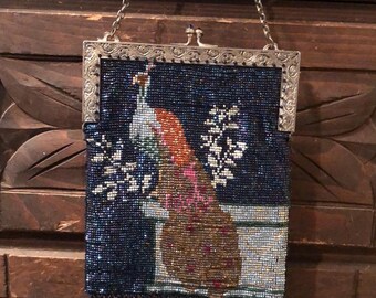 Vintage Beaded Peacock and Roses Bag