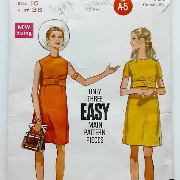 Butterick 5312, Size 16, Bust 38, UNCUT, Vintage 1960s High Waist Dress with Band, Jewel Neckline, Short Sleeves or Sleeveless, Madmen Style