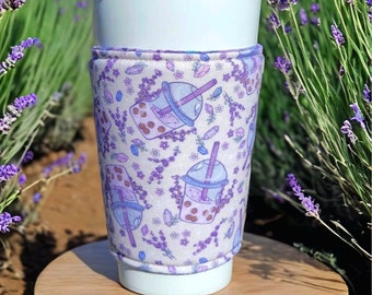 Lavender Coffee Cozy, Iced or Hot, Insulated Sleeve, Reversible, Gift for Lavender Lover