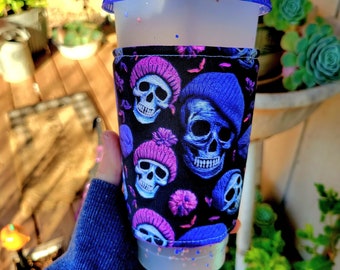 Skeletons in Beanies Iced Coffee Cozy, Insulated Sleeve, Reversible, Coffee Lover Gift.