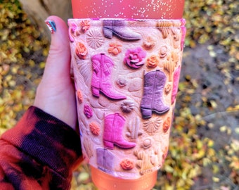 Cowgirl Boots Iced Coffee Cozy, Insulated Sleeve, Reversible, Iced Coffee Lover Gift