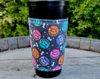 NEW! Halloween Pumpkin Pails Iced Coffee Cozy, Insulated Sleeve, Reversible, Iced Coffee Lover Gift