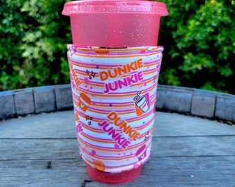 NEW Design! Dunkie Junkie Iced Coffee Cozy, America Runs On, Insulated Sleeve, Reversible, Coffee Lover Gift, Dunkin Lover