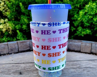 NEW! Pride Love, Pronouns, He She They Iced Coffee Cozy, Insulated Sleeve, Reversible, Coffee Lover Gift.