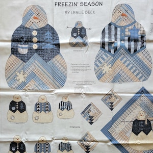 Patchwork Soft Sculpture Snowman, Ornaments and Pillow Fabric Panel in Blue and Tan by Leslie Beck
