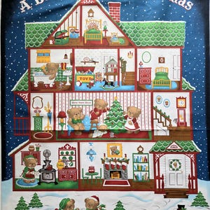 May include: A fabric wall hanging featuring a multi-story dollhouse filled with teddy bears celebrating Christmas. The scene includes bears decorating a tree, bathing, and ice skating, with the text A Beary Merry Christmas at the top.